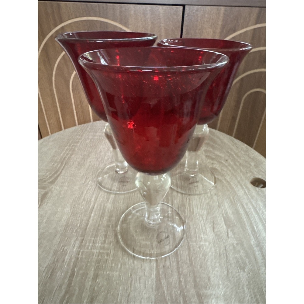Artland Iris Deep Ruby Red Seeded Bubble Water Goblets Clear Stem 8" Set Of 3
